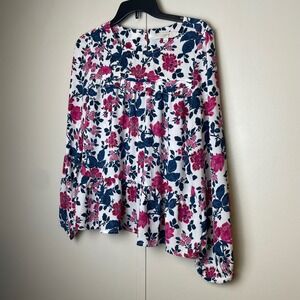 LOFT Womens Floral Peplum Blouse Pink Navy Blue Ruffle Long Sleeve Top Size M